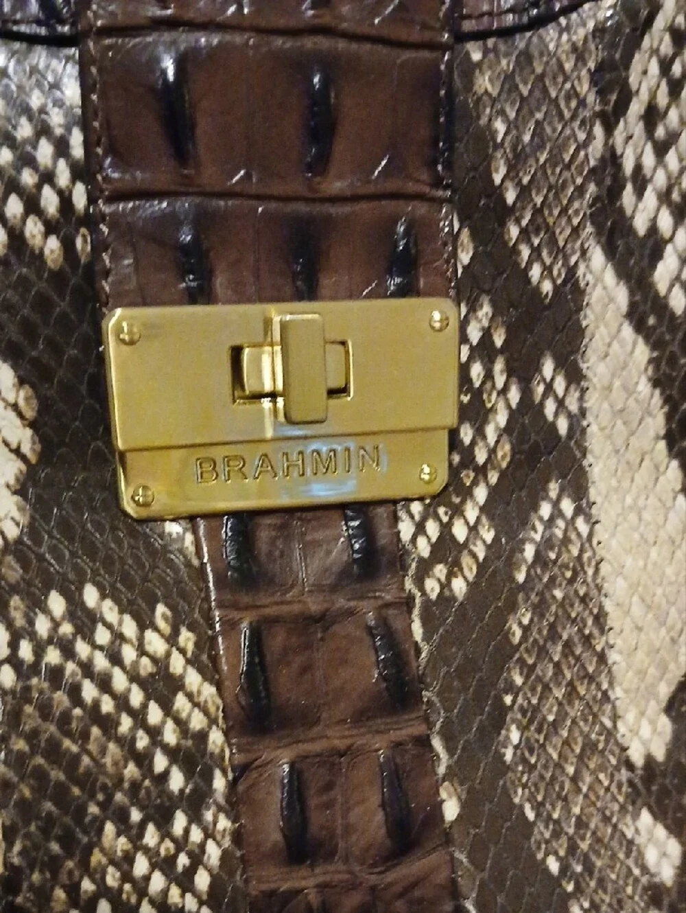 Brahmin Brown & Cream Croc-Embossed Snake-Print Hobo with Gold Hardware